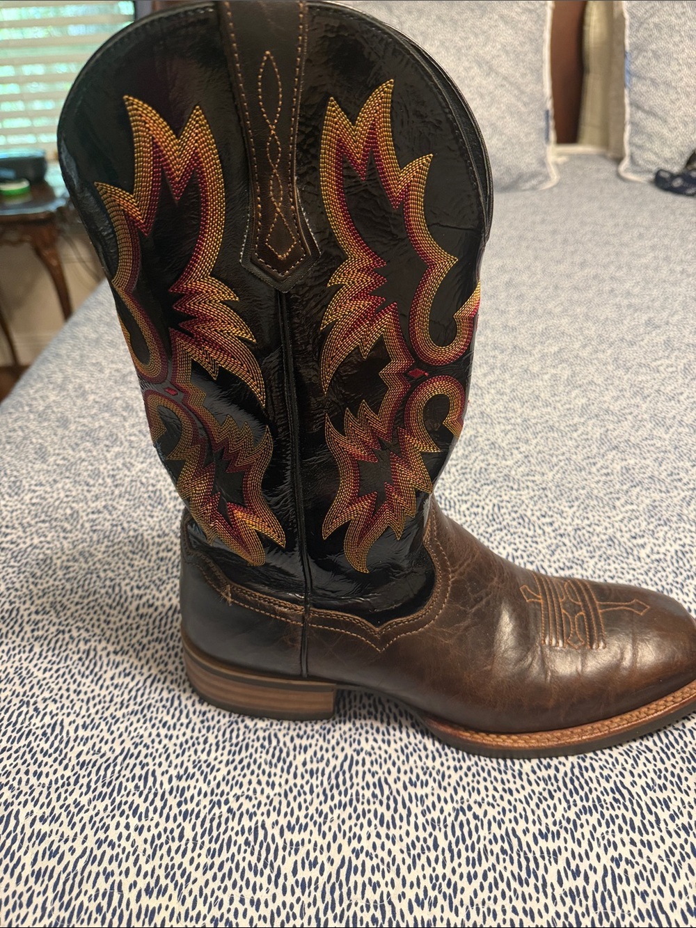 Men's Brown and Black Western Leather Cowboy Boot with Red & Gold Stitching